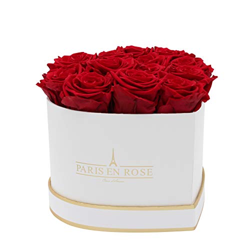 PARIS EN ROSE Rosenbox Herz | mit 13 Bordeaux-roten Infinity Rosen Größe XL | herzförmige Box in Weiß mit Gold | ewige Rose | 3 Jahre haltbar | Grußkarte von PARIS EN ROSE