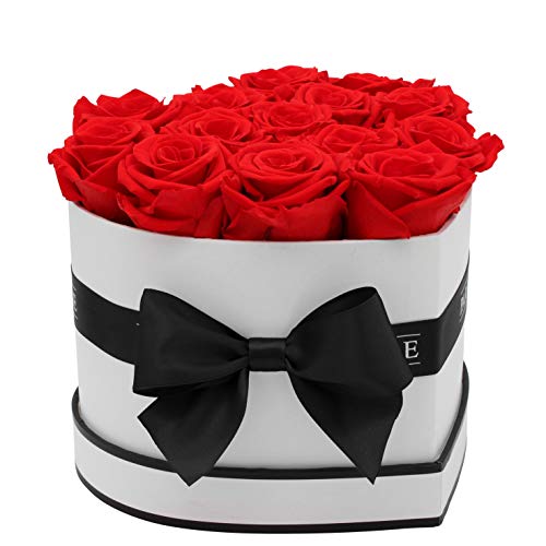 PARIS EN ROSE Rosenbox HERZ | mit 13 roten Infinity Rosen Größe XL | herzförmige Box in Weiß mit Schwarz | ewige Rose | 3 Jahre haltbar | Grußkarte von PARIS EN ROSE