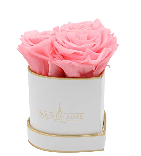 PARIS EN ROSE Rosenbox Herz | mit 3 rosa Infinity Rosen Größe XL | herzförmige Box in Weiß mit Gold | ewige Rose | 3 Jahre haltbar | Grußkarte von PARIS EN ROSE