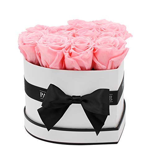 PARIS EN ROSE Rosenbox Herz | mit 13 rosa Infinity Rosen Größe XL | herzförmige Box in Weiß mit Schwarz | ewige Rose | 3 Jahre haltbar | Grußkarte von PARIS EN ROSE