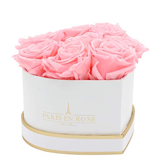 PARIS EN ROSE Rosenbox HERZ | mit 8 rosa Infinity Rosen Größe XL | herzförmige Box in Weiß mit Gold | ewige Rose | 3 Jahre haltbar | Grußkarte von PARIS EN ROSE