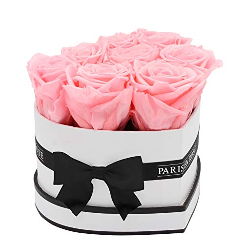 PARIS EN ROSE Rosenbox Herz | mit 8 rosa Infinity Rosen Größe XL | herzförmige Box in Weiß mit Schwarz | ewige Rose | 3 Jahre haltbar | Grußkarte von PARIS EN ROSE