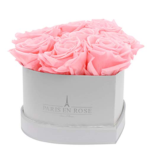 PARIS EN ROSE Rosenbox Herz | mit 8 rosa Infinity Rosen Größe XL | herzförmige Box in Weiß mit Silber | ewige Rose | 3 Jahre haltbar | Grußkarte von PARIS EN ROSE