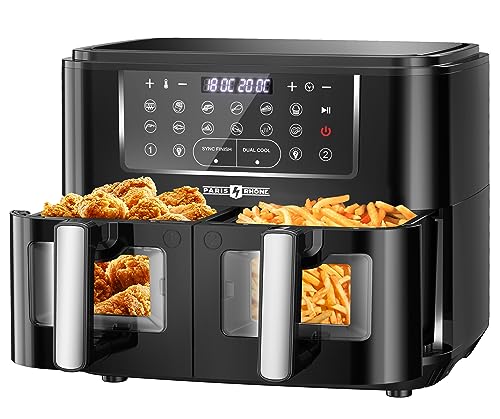 PARIS RHÔNE Heißluftfritteuse 9.5L, XXL Heissluftfritteuse Doppelkammer mit Sichtfenster, 12-in-1 Air Fryer, Frittieren mit heißer Luft ohne Öl Spülmaschinenfest, Airfryer Energieeinsparung von PARIS RHÔNE