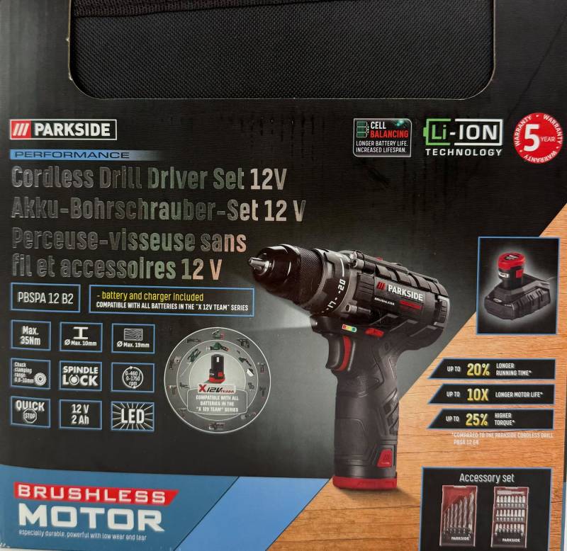 PARKSIDE PERFORMANCE® Akku-Bohrschrauber 12V Akkuschrauber PBSPA 12 B2, 2 Akkus, Ladegerät, Bit- u. Bohrerset, 12 V von PARKSIDE PERFORMANCE®