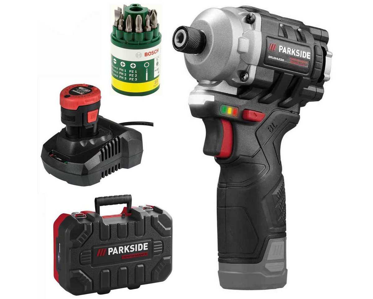 PARKSIDE PERFORMANCE® Akku-Drehschlagschrauber 12V Akku-Drehschlagschrauber PDSSAP 12 Akku 2 Ah + Bosch Bitset 10 tlg von PARKSIDE PERFORMANCE®