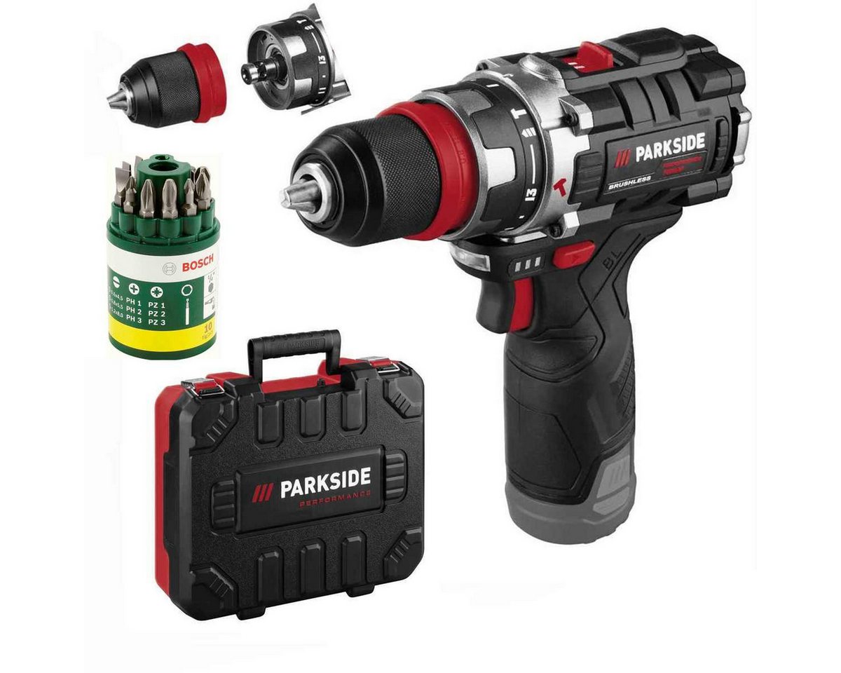 PARKSIDE PERFORMANCE® Akku-Drehschlagschrauber 12V Akku-Schlagbohrschrauber PSBSAP 12 Solo + Bosch Bitset 10 tlg. von PARKSIDE PERFORMANCE®
