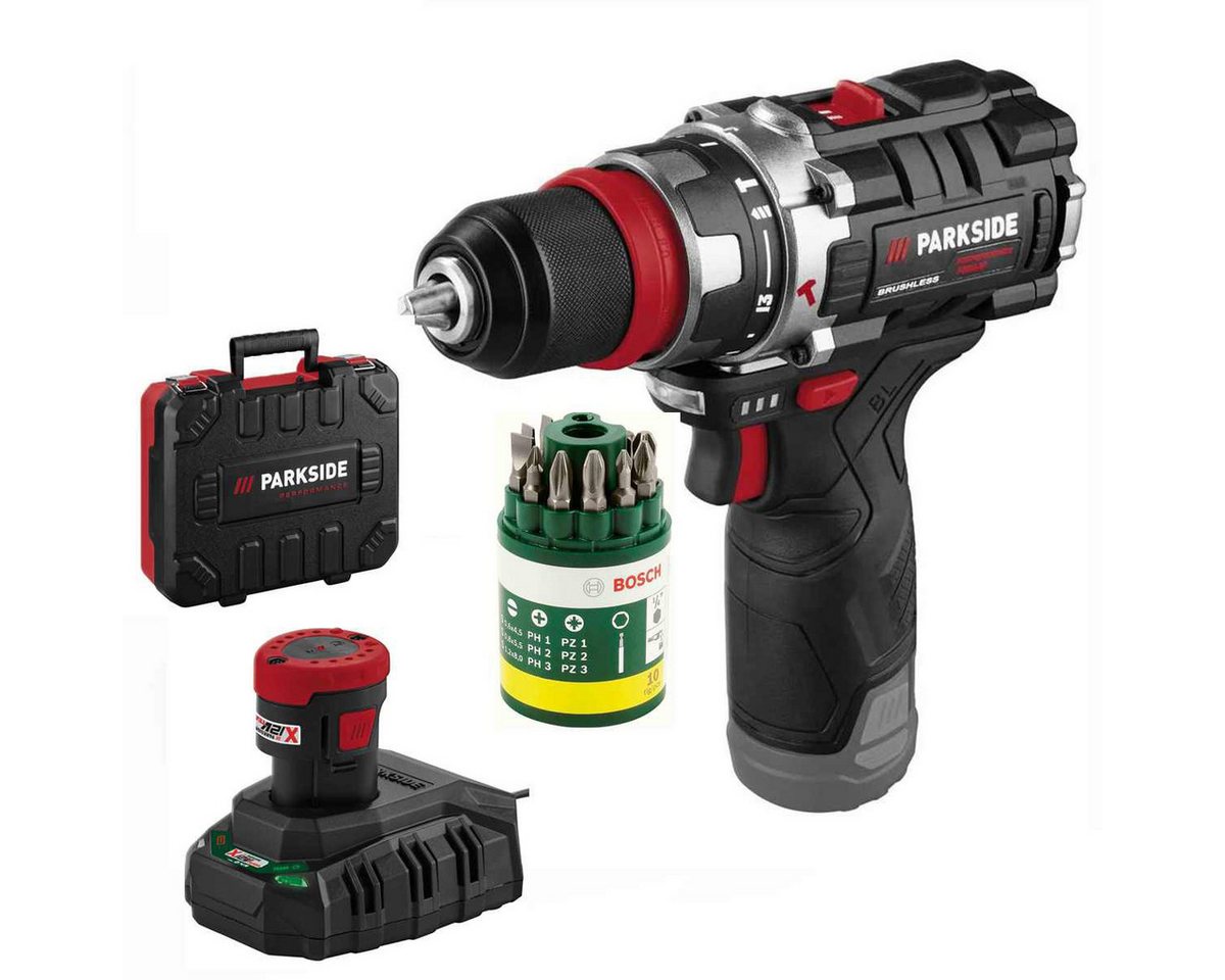 PARKSIDE PERFORMANCE® Akku-Drehschlagschrauber 12V Schlagbohrschrauber PSBSAP 12 Akku 2 Ah + Bosch Bitset 10 tlg. von PARKSIDE PERFORMANCE®