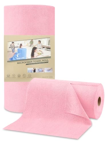 Mikrofasertücher Reinigungstücher, 50 Stück Pro Rolle Abreißbare Putzlappen, Wiederverwendbar Microfasertücher, Fusselfrei Microfaser Putztuch für Küche, Bathroom, Auto (30x30cm-Rosa) von PARPAT