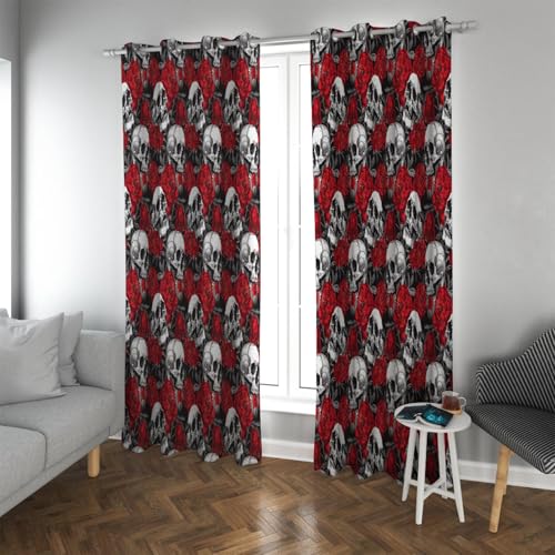 PARREN Gothic Horror Thema Verdunkelung Sichtschutzvorhänge Rote Blumen und Totenkopf Bedruckte Schlafzimmer Isolierte Lärmreduzierende Vorhänge für die ganze Saison W100xL190cm 2 Stück von PARREN
