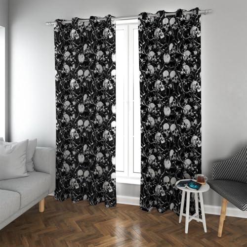 Halloween Horror Thema Verdunkelungsvorhänge Schwarze Ranke und Totenkopf Muster Wärmeisolierte Vorhänge für Schlafzimmer Wohnzimmer Verdunkelung 132x214cm von PARREN