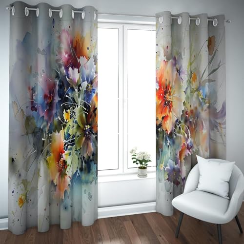 PARREN Retro Moderne Fenstervorhang Tinte Kunst Abstrakte Bunte Blumen Licht Blockierende Vorhänge für Wohnzimmer Arbeitszimmer Lounge Extra Lang W140xL180cm 2 Stück von PARREN