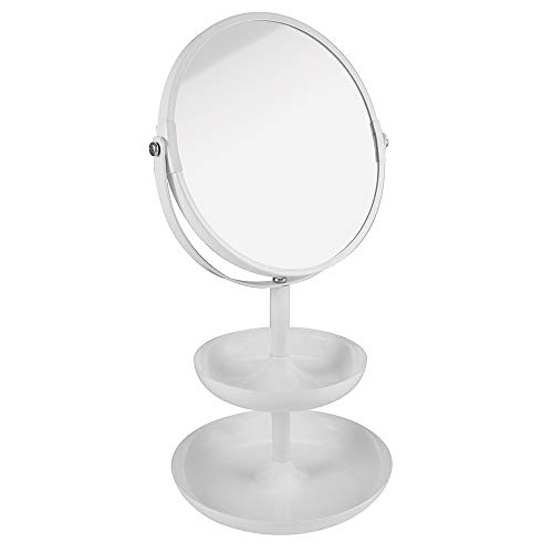 PARSA Beauty Kosmetikspiegel Etagere (weiß matt 17cm) – Kleiner Spiegel doppelseitig mit Zwei Ablageschalen – normal und mit 3-Fach Vergrößerungsspiegel – Standspiegel klein – Tischspiegel von PARSA Beauty