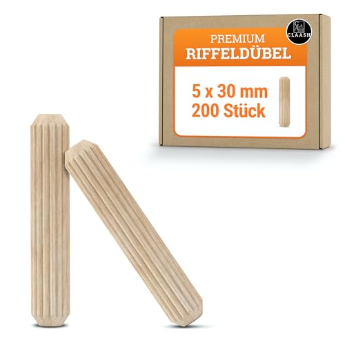 CLAASH - Holzdübel 5mm x 30 mm, 200 Stk. - Made in Germany - Holzdübel Set, Buchen Riffeldübel DIN68150, Holz Dübel - hochqualitativ, passgenau, splitterfrei, naturbelassen, beste Wahl von PARSA Manufactory