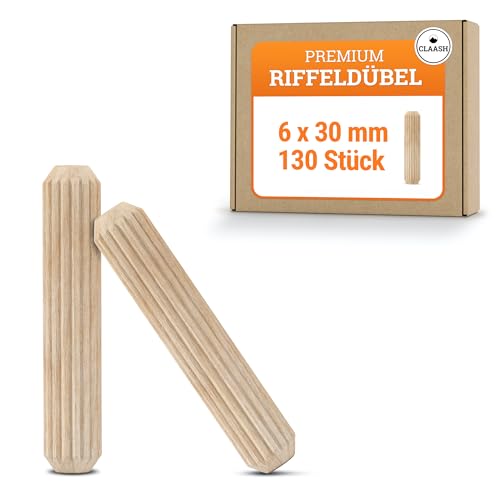 CLAASH - Holzdübel 6mm x 30 mm, 130 Stk. - Made in Germany - Holzdübel Set, Buchen Riffeldübel DIN68150, Holz Dübel - hochqualitativ, passgenau, splitterfrei, naturbelassen, beste Wahl von PARSA Manufactory