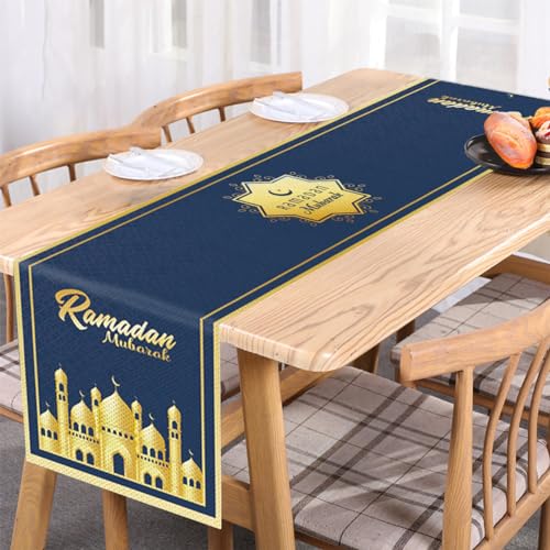 Ramadan Mubarak Tischläufer Tischdekorationen – Ramadan-Moschee Laterne Happy Ramadan Mubarak Leinen 2024 Islamische Partyzubehör Dekorationen, 180 x 35 cm von PARSUP