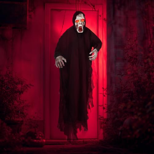 Halloween Schwarzer Schwebender Schaukelgeist - Gruselige hängende Dekoration mit schreiendem Sound, beweglichem Körper & leuchtenden LED-Augen (sprachaktiviert) für Garten, Party, Gruselhaus von PARTY GO