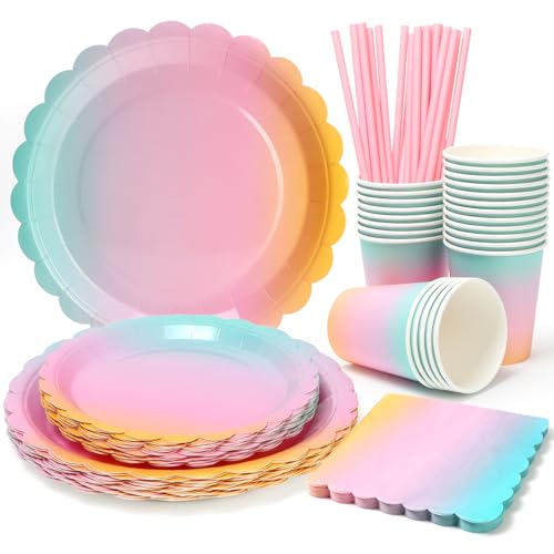 PARTY GO 125PCS Partygeschirr Bunt für 25 Gäste, Pappteller Becher Servietten Strohhalme für Geburtstagen, Hochzeiten, Jubiläen und anderen Partys Dekoration Zubehör von PARTY GO