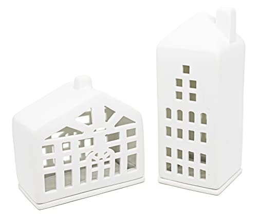 Parusia® Lichthaus 2er Set „Zuhause“ aus matt glasierten, weißen Keramik | Das Windlicht besteht aus einem Fachwerkhaus und Wohnhaus | mit passendem Kerzenteller | dänisches Design von PARUSIA