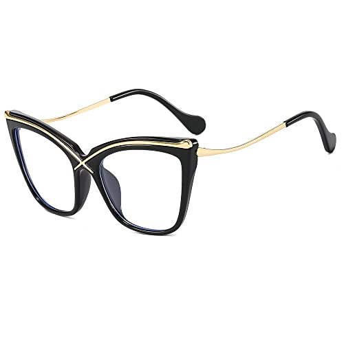 PARWANA Übergroße Lesebrille for Damen, blaues Licht, blockiert Cat-Eye, Computer-Lesebrille, Anti-UV, Flacher Lichtspiegel (Color : Black, Size : +150) von PARWANA