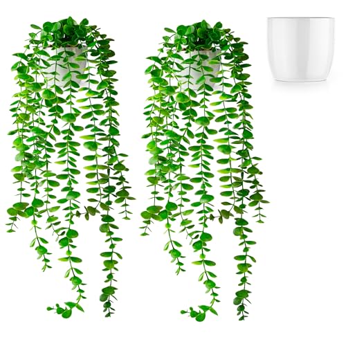 PASCH® 2er Set Künstlicher Eukalyptus (60cm) in weißen Keramiktöpfen: Künstliche Hängepflanzen | künstliche Pflanzen wie echt | Kunstpflanzen hängend | Kunstpflanze hängend im Topf von PASCH