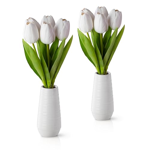 PASCH® 2er Set künstliche Tulpen wie echt in weißen Keramikvasen (35cm): Elegante weiße Tulpen künstlich wie echt | Kunstblumen im Topf | Künstliche Blumen im Topf | Kunsttulpen Weiss von PASCH