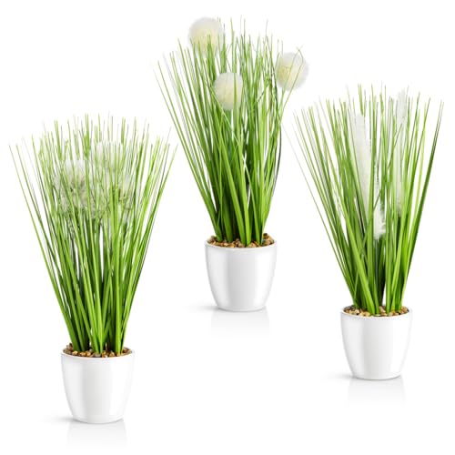 PASCH® 3 x Kunstgras in weißem Keramiktopf (31cm): Gräser künstlich | Künstliches Gras | Kunstpflanze Gras | Dekogras | Kunstpflanzen wie echt | Künstliche Pflanzen im Topf (Ziergras Variation) von PASCH