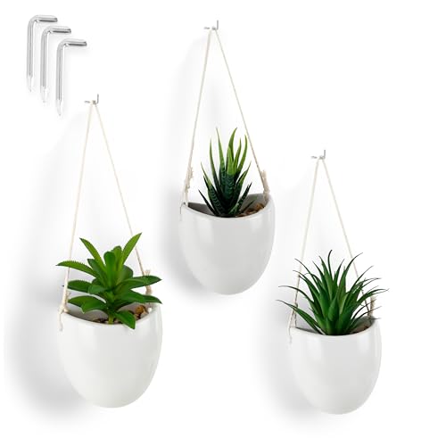 PASCH® 3er Set Kunstpflanzen in Wandvasen aus weißer Keramik | Kleine Hängepflanze künstlich (15cm) inkl. Nägeln zum Aufhängen | Wandvase mit Sukkulenten künstlich | künstliche Hängepflanzen von PASCH