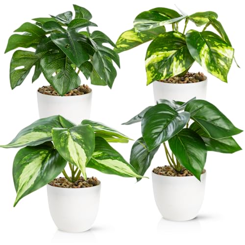 PASCH® 4er Set Kunstpflanzen wie echt (18cm) in bruchfesten Melamintöpfen | Kunstpflanzen im Topf | Künstliche Pflanzen im Topf | Kunstblumen Fake Plant von PASCH