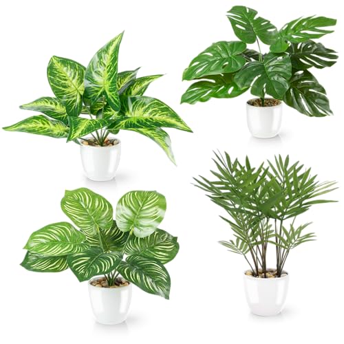 PASCH® 4er Set Tropische Kunstpflanzen wie echt (25cm) in weißen Keramiktöpfen: u.a. Monstera künstlich & Areca Kunstpalme | Künstliche Pflanzen im Topf | Fake Plant | Kunstblumen im Topf von PASCH