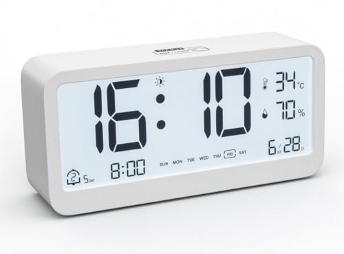 PASIVOLE Digitaler Wecker mit Batteriebetrieb und Kalender | Temperatur | Luftfeuchtigkeit | LCD Display | 2 Weckzeiten | Schlummerfunktion Kleine Tischuhr (Weiß) von PASIVOLE