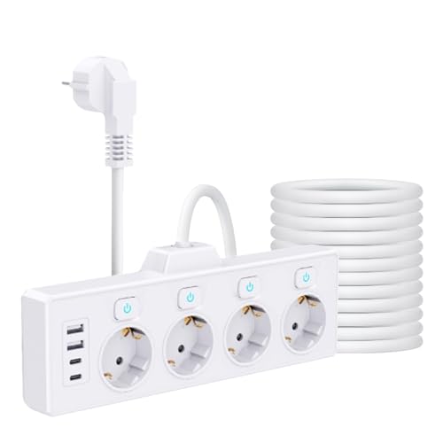 Steckdosenleiste mit USB C, 4 Unabhängige Schaltdosen Mehrfachsteckdose mit 2 USB und 2 Type-C, 4fach Steckdosenleiste Weiß Kindersichere Steckdosenleiste für das Heim, 1.5M Kabel (Weiße Lange Linie) von PASONOMI