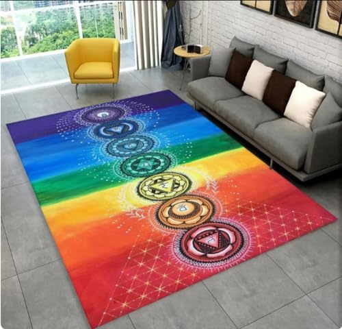 PASPRT Regenbogen-Chakra-Mandala-Teppich Für Wohnzimmer Schlafzimmer Schlafzimmer Sofa Fußmatte Dekor Yoga Weiche rutschfeste Fußmatte Fläche Teppich 140X200Cm von PASPRT