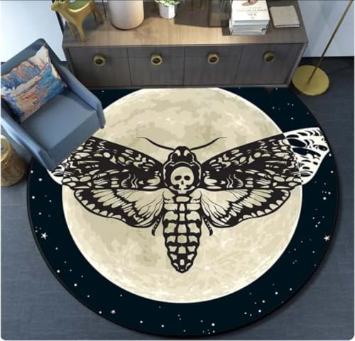 PASPRT Todesmotte Runder Teppich Gothic Schädel Runde Bodenmatte Schmetterling Mond Wohnzimmer Teppiche Badezimmer Küchenbereich Teppich 120Cm von PASPRT