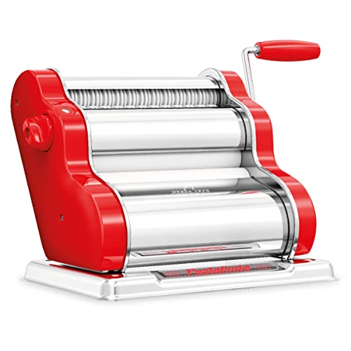PASTALINDA Classic 200 Pasta Maker Maschine, 20 cm breite Rollen, 9 Dickenpositionen, 2 Schneidpositionen, Edelstahl Inklusive verstärkter Handkurbel und zwei Klemmen (Rot) von PASTALINDA