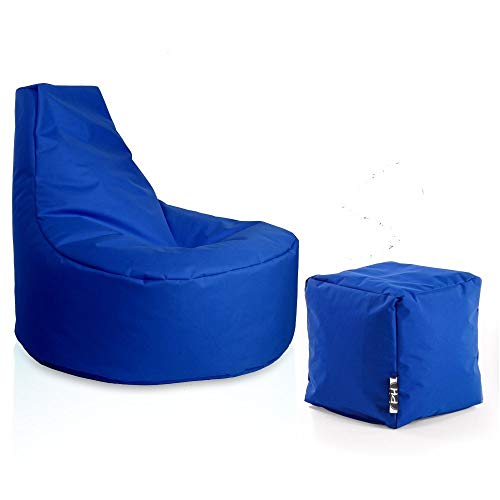 PATCH HOME Gamer Sessel Sitzsack inkl. Würfel Bean Bag Set Ø75cm, 30cm Sitzhöhe, 80cm Höhe + 35x35cm Würfel Blau von PATCH HOME