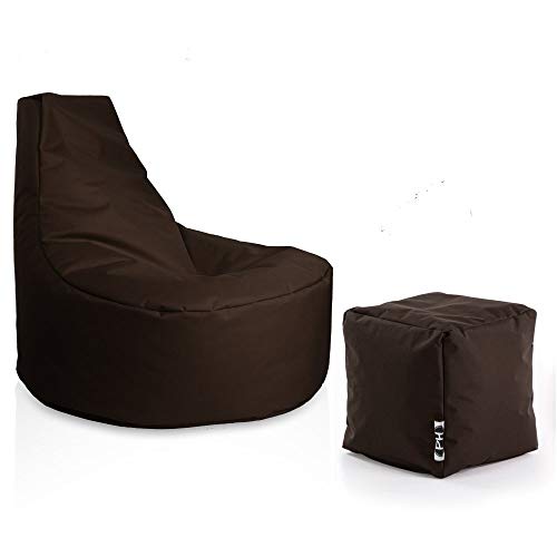 PATCH HOME Gamer Sessel Sitzsack inkl. Würfel Bean Bag Set Ø75cm, 30cm Sitzhöhe, 80cm Höhe + 35x35cm Würfel Braun von PATCH HOME