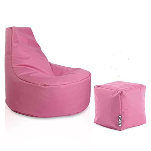 PATCH HOME Gamer Sessel Sitzsack inkl. Würfel Bean Bag Set Ø80cm, 30cm Sitzhöhe, 90cm Höhe + 35x35cm Würfel Altrosa von PATCH HOME
