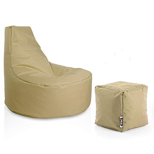 PATCH HOME Gamer Sessel Sitzsack inkl. Würfel Bean Bag Set Ø80cm, 30cm Sitzhöhe, 90cm Höhe + 35x35cm Würfel Beige von PATCH HOME