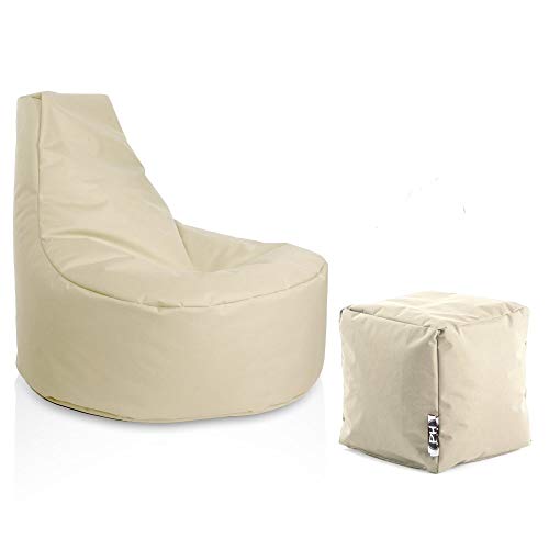 PATCH HOME Gamer Sessel Sitzsack inkl. Würfel Bean Bag Set Ø80cm, 30cm Sitzhöhe, 90cm Höhe + 35x35cm Würfel Creme von PATCH HOME