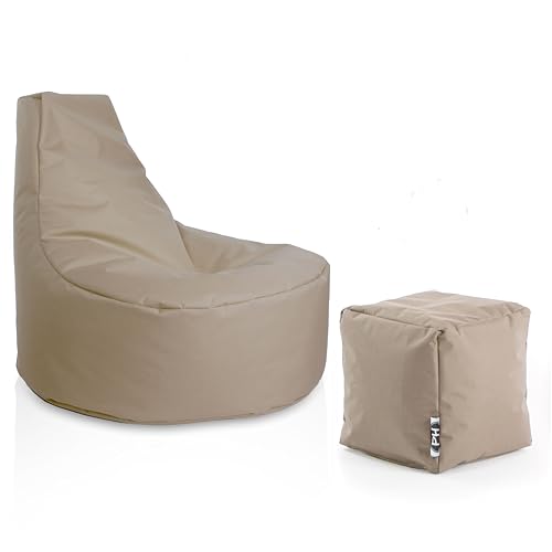 PATCH HOME Gamer Sessel inkl. Würfel Bean Bag Set Ø75cm, 30cm Sitzhöhe, 80cm Höhe + 35x35cm Würfel Beige von PATCH HOME