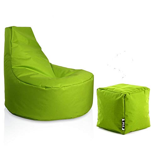 PATCH HOME Gamer Sessel inkl. Würfel Bean Bag Set Ø80cm, 30cm Sitzhöhe, 90cm Höhe + 35x35cm Würfel Kiwi von PATCH HOME