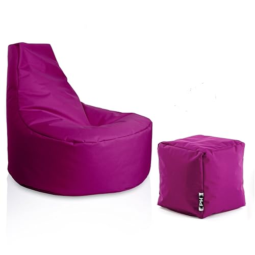 PATCH HOME Gaming Sessel mit Hocker – Sitzsack für Erwachsene & Kinder, – Perfekt für Gaming, Lounge, In & Outdoor (Himbeere, Ø75cm, 30cm Sitzhöhe, 80cm Höhe + 35x35cm Würfel) von PATCH HOME