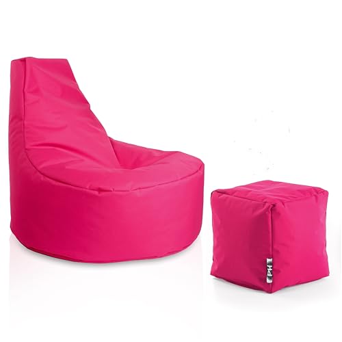 PATCH HOME Gaming Sessel mit Hocker – Sitzsack für Erwachsene & Kinder, – Perfekt für Gaming, Lounge, In & Outdoor (Magenta, Ø80cm, 30cm Sitzhöhe, 90cm Höhe + 35x35cm Würfel) von PATCH HOME
