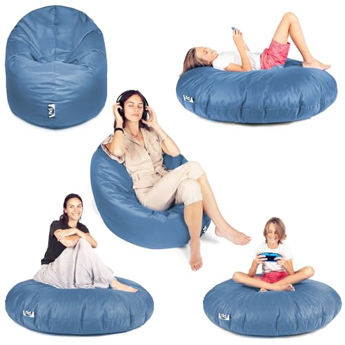 PATCH HOME 2 in 1 Funktion Sitzsack Sessel Bean Bag Sitzsäcke Gaming mit Reißverschluss bereits befüllt - Ø 100cm - Blaugrau von PATCH HOME