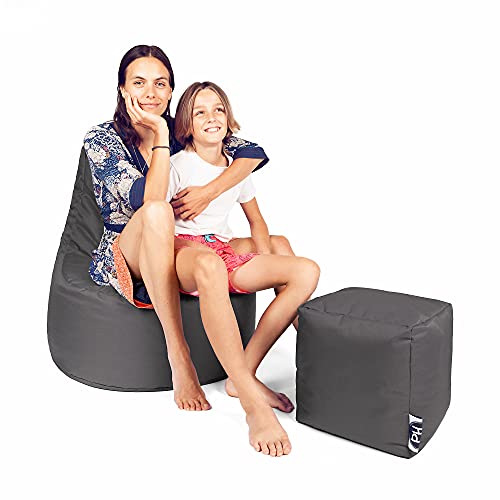 PATCH HOME Patchhome Gamer Kissen Lounge Kissen Sitzsack Sessel Sitzkissen Bean Bag + Würfel/Hocker mit Reißverschluss bereits befüllt (Anthrazit, XXL - Ø80cm Sessel + 35x35cm Würfel) von PATCH HOME