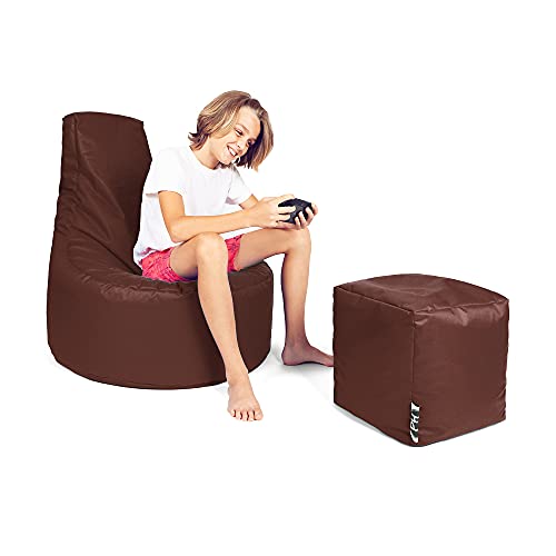 PATCH HOME Patchhome Gamer Kissen Lounge Kissen Sitzsack Sessel Sitzkissen Bean Bag + Würfel/Hocker mit Reißverschluss bereits befüllt (Brown, XL - Ø75cm Sessel + 35x35cm Würfel) von PATCH HOME