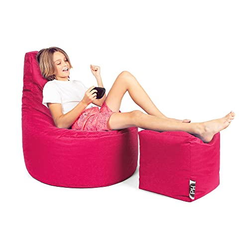 PATCH HOME Patchhome Gamer Kissen Lounge Kissen Sitzsack Sessel Sitzkissen Bean Bag + Würfel/Hocker mit Reißverschluss bereits befüllt (Pink, XL - Ø75cm Sessel + 35x35cm Würfel) von PATCH HOME