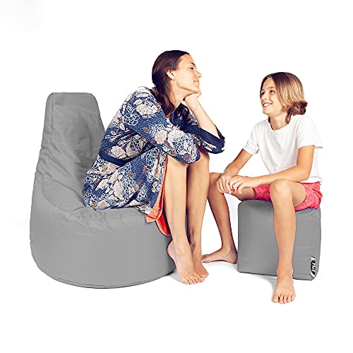 PATCH HOME Patchhome Gamer Sessel inkl. Würfel Bean Bag Set Ø80cm, 90cm Höhe, 30cm Sitzhöhe + 35x35cm Würfel bereits mit Styropor befüllt und Reißverschluss zum Nachfüllen Grau von PATCH HOME