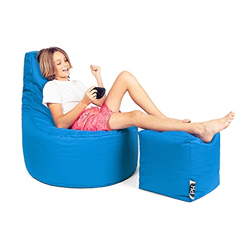 PATCH HOME Patchhome Gamer Sessel inkl. Würfel Bean Bag Set Ø80cm, 90cm Höhe, 30cm Sitzhöhe + 35x35cm Würfel bereits mit Styropor befüllt und Reißverschluss zum Nachfüllen Königsblau von PATCH HOME